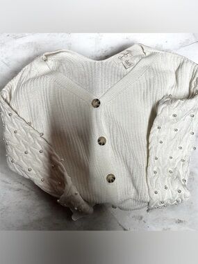 Jessica Simpson XS Pearl-Accent sleeved Cream Knit Cardigan cottagecore preppy
